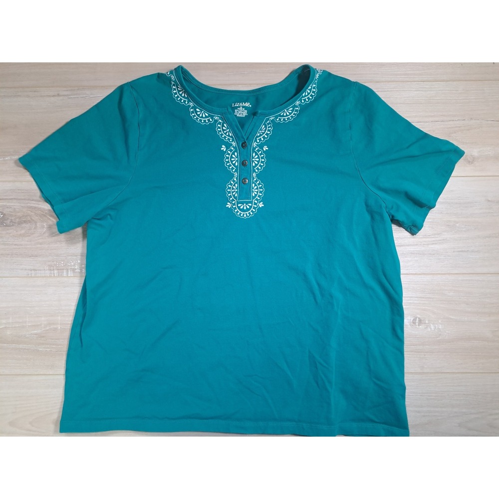Liz & Me Womens 1X 18/20W Teal Henley Top White Embroidered Short Sleeve Cotton - Picture 4 of 8